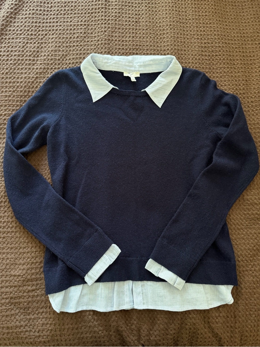 Layered Navy Blue Sweater with White Shirt-Style Collar